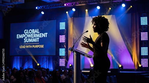 Silhouette of African American woman speaking at business dais concept. Empowered speaker delivering a motivational speech at summit.
