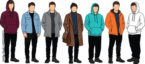 Flat Vector Illustration Collection of Young Men Wearing Casual Winter and Autumn Streetwear Fashion Outfits Isolated on White Background