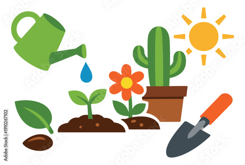Simple graphic gardening set featuring a watering can, various plants, and tools for growth