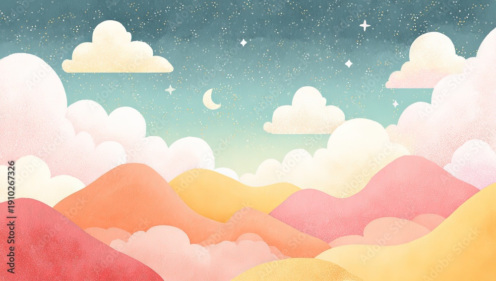 Fototapeta premium Dreamy pastel sky with crescent moon, stars, and soft, rolling hills