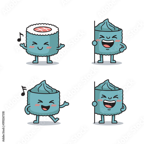 Cartoon sushi characters dancing and having fun in various poses with musical notes