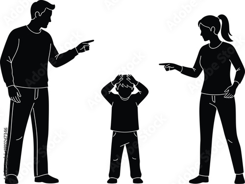 Black vector silhouette illustration of an angry mother and father scolding their young son who is covering his ears representing family conflict and discipline