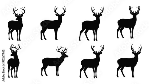 A collection of eight silhouettes of deer in various poses and sizes isolated on white background, Vector