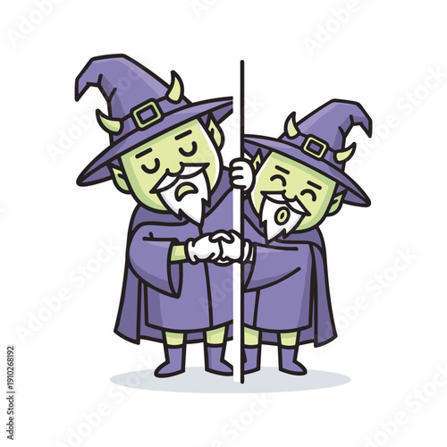 Two cartoon wizards shaking hands in friendship with purple robes