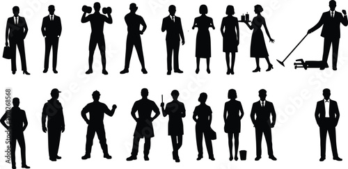 Vector, black, silhouette, illustration, set, of, various, professional, people, in, different, occupations, including, business, chef, cleaner, and, athlete, for, workforce, career, design, elements