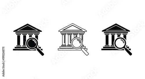 Set of three building icons representing financial institution search and legal investigation concepts clearly visible