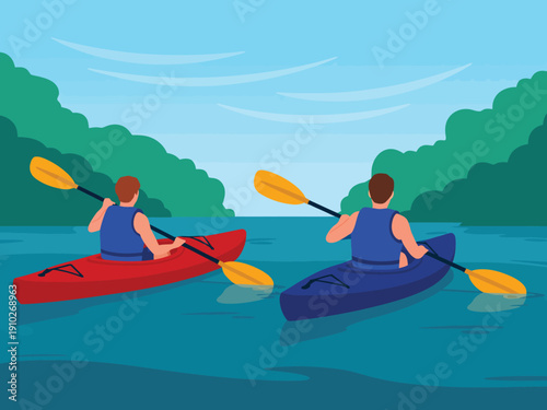 Two people enjoy a peaceful kayaking adventure on a calm river surrounded by lush green trees.