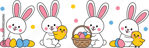 Cute Easter bunny set featuring white rabbits with colorful eggs and yellow chicks for spring holiday celebration greeting cards and stickers.