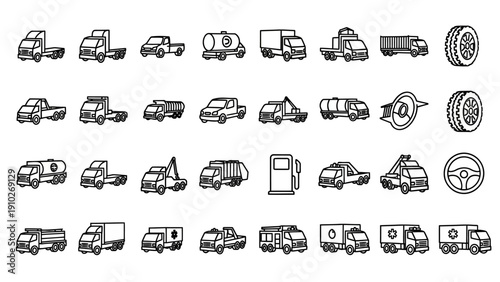 Various types of trucks and cars.