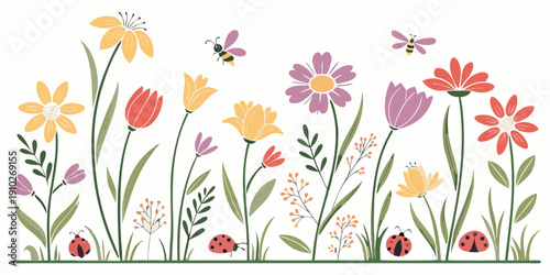 Gemini said

A vibrant spring flowers vector illustration featuring a beautiful nature background with pink tulips, daisies, and butterflies in a floral garden design