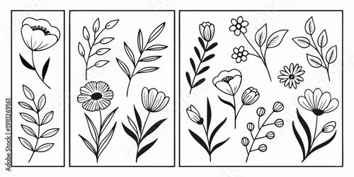 Gemini said

Minimalist vector set of black tulip silhouettes and spring floral elements featuring leaves and butterflies for nature pattern design