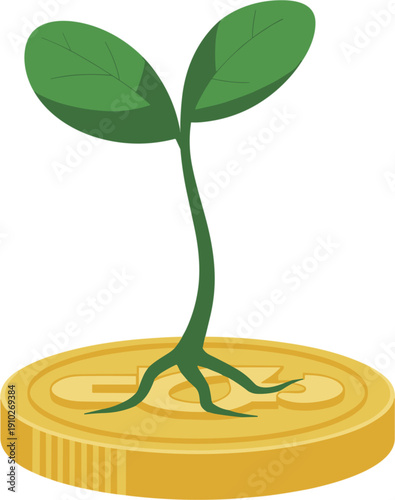 Green plant sprout growing from a gold coin vector illustration representing financial growth investment success and sustainable wealth management concepts.