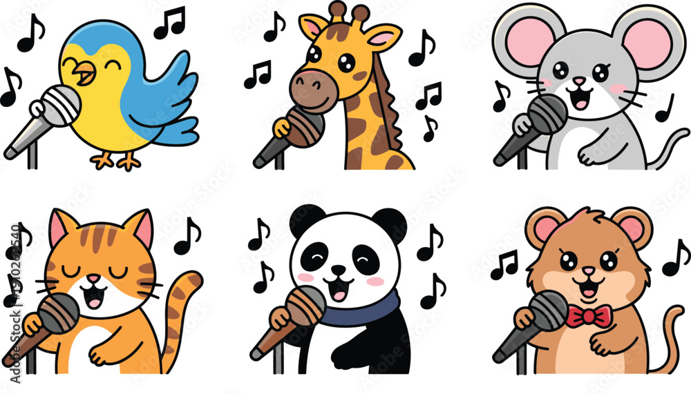 Obraz premium Set of cute cartoon animals singing with microphones and musical notes featuring bird giraffe mouse cat panda and hamster for kids music.