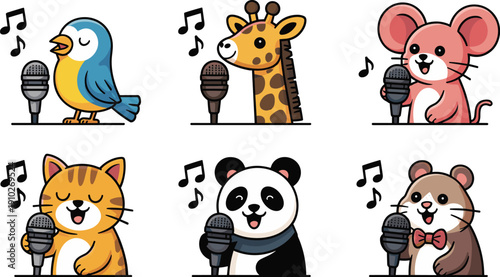 Cute cartoon animals singing with microphones set featuring bird giraffe mouse cat panda and hamster isolated on white background for kids music.
