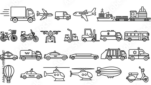 Various Vehicles and Transportation Icons.
