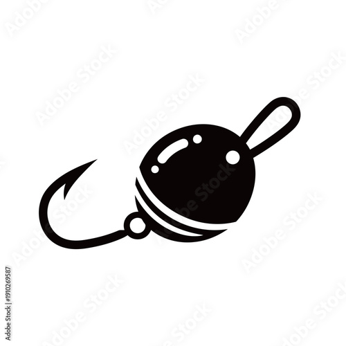 Black fishing hook and sinker silhouette illustration, simple monochrome outdoor and angling design.