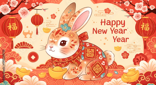 Rabbit in Traditional Clothing Celebrating Lunar New Year.