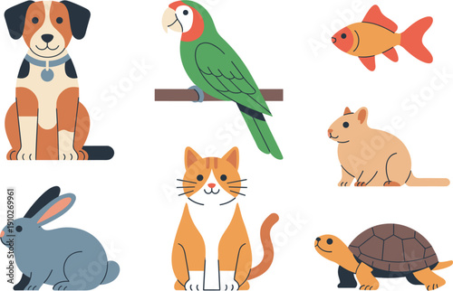Cute pet shop animal vector icon set featuring beagle dog macaw parrot goldfish hamster rabbit orange cat and turtle for veterinary branding pet 