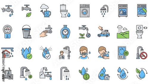 Water Conservation Icons Set Illustration Collection.