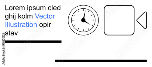 Time tracking, videography, media design, tutorial interfaces, graphic layouts, educational materials. Clockface, video play symbol and placeholder text elements. Time tracking and videography
