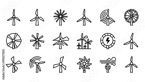 Wind turbines and blades icons set.