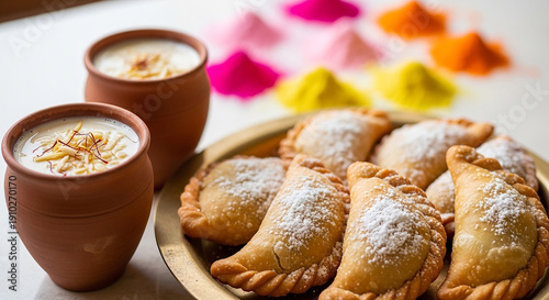 Traditional Indian sweets and colorful Holi powders with refreshing drinks