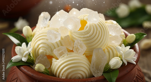 Delicious vanilla ice cream with crystal sugar in clay bowl