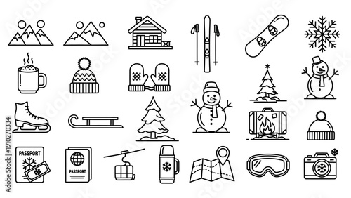 Winter sports and holiday icons set.