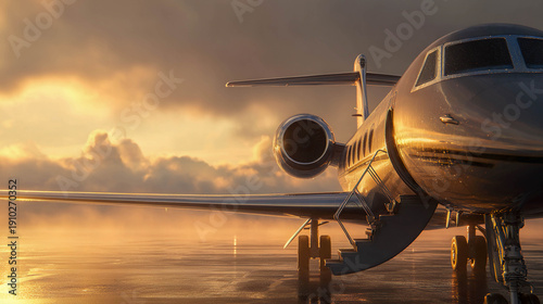 A private jet parked on a wet runway in the backdrop of a picturesque sunset. The concept of business aviation, premium travel, and success.