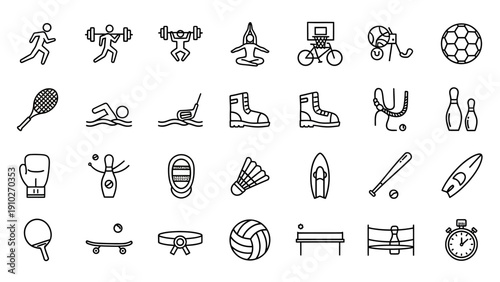 Various Sports Equipment Icons Line Style.