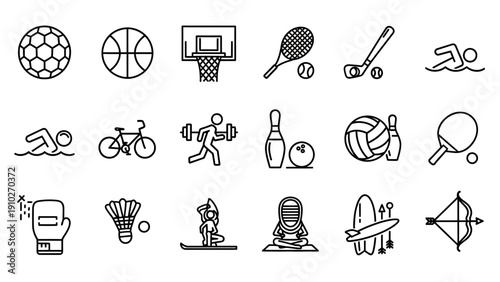 Various sports icons and equipment.