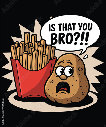 Potato discovering french fries, a shocking humorous encounter
