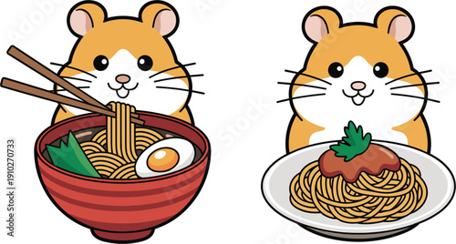 Cute hamster mascot vector character enjoying delicious Japanese ramen noodles and Italian 