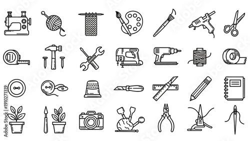 Various tools and objects icons.