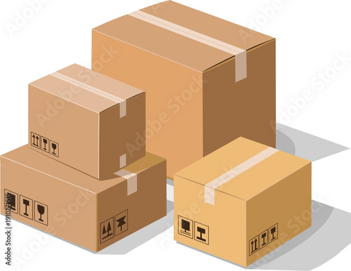 Isometric cardboard boxes pile for shipping delivery logistics and warehouse storage concept brown paper parcels isolated on white background vector illustration.