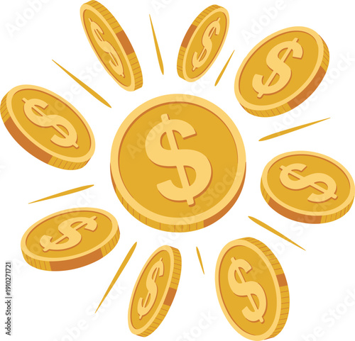 Shiny golden dollar coins flying and radiating from the center in an explosion of wealth and success isolated on white background vector illustration.