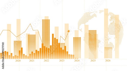 Global financial growth chart 2020-2026 animation, Stylized financial bar chart and line graph with globe animated