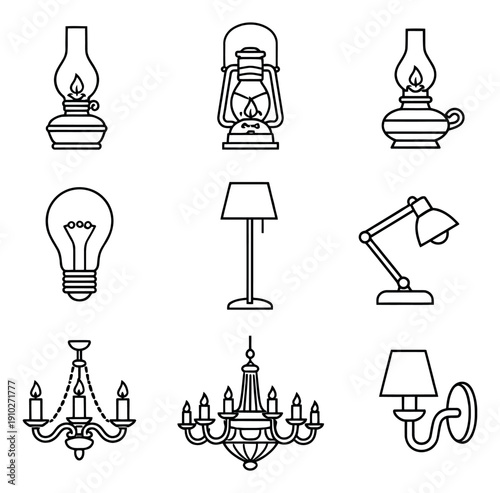 Line art lighting icons set featuring oil lamps, chandeliers, and modern lamps for home illumination