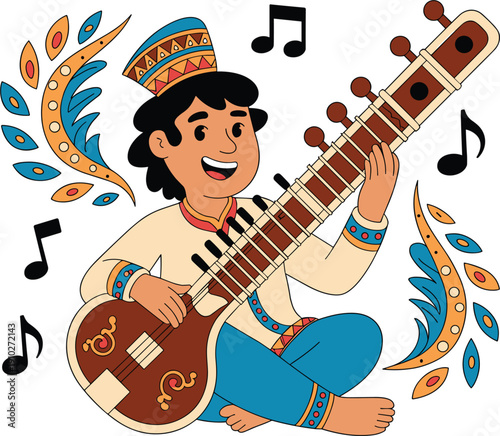 Cute cartoon Indian boy sitting and playing sitar with musical notes and decorative patterns wearing tr