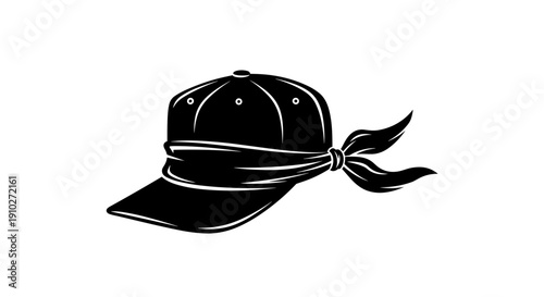 Black cap with a stylish bandana tied around, isolated on a white background, showcasing modern fashion accessories in a minimalist illustration style