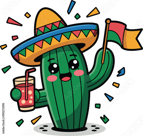 Cheerful cartoon cactus character wearing a colorful sombrero holding a drink and a flag amidst festive confetti for party celebrations.