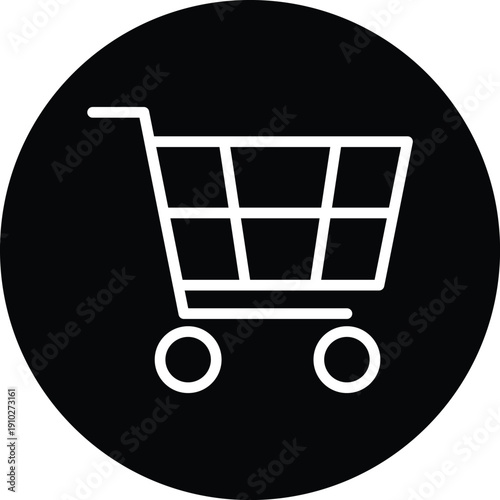 Shopping Cart icon white line art on black circle background vector
