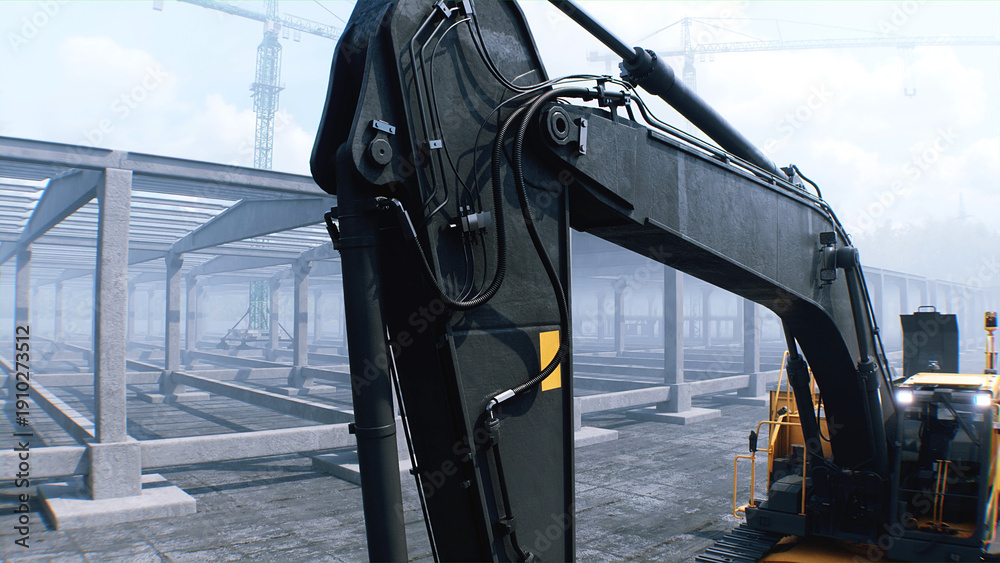 Fototapeta premium Excavator with big shovel on construction site. Daylight. 3d rendering.