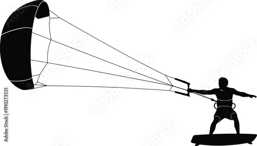 Black silhouette illustration of person kiteboarding on board holding control bar connected to large inflated kite with multiple lines