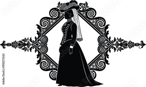 Black silhouette illustration of Victorian-era woman in elegant dress with floral hat and ornate symmetrical decorative border design