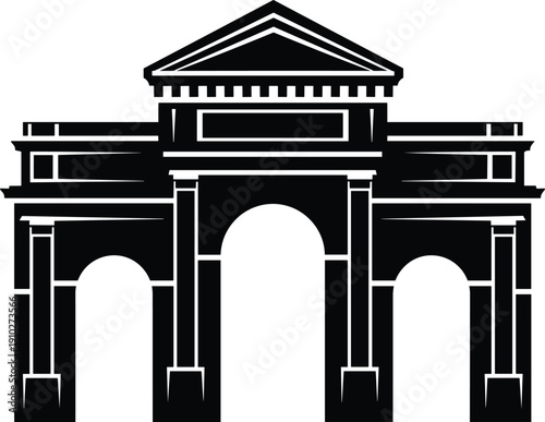 Black silhouette illustration of triumphal arch with three passageways, classical columns, entablature, and triangular pediment in neoclassical design