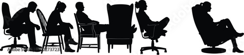 Silhouettes of people sitting in different chairs, ergonomic seating progression illustration representing comfort, lifestyle, posture, and design concept