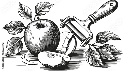 Vintage apple with peeler and leaves fresh fruit sliced with vegetable peeler tool in rustic