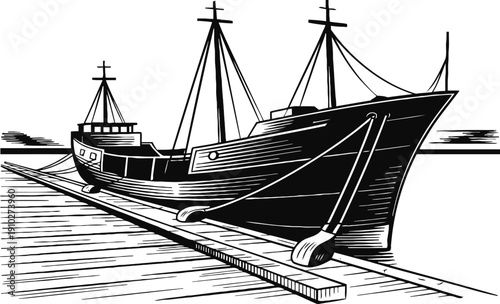 Black and white fishing boat moored at dock with calm water and simple horizon line