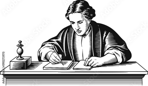 vintage engraving of woman writing letters at desk with inkpot and quill in traditional attire